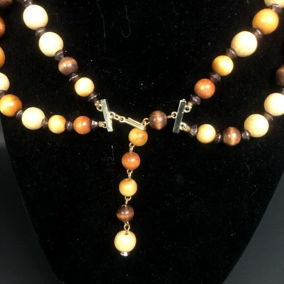 vintage double strand wooden beaded necklace adjustable boho hippie neutral - Picture 3 of 6